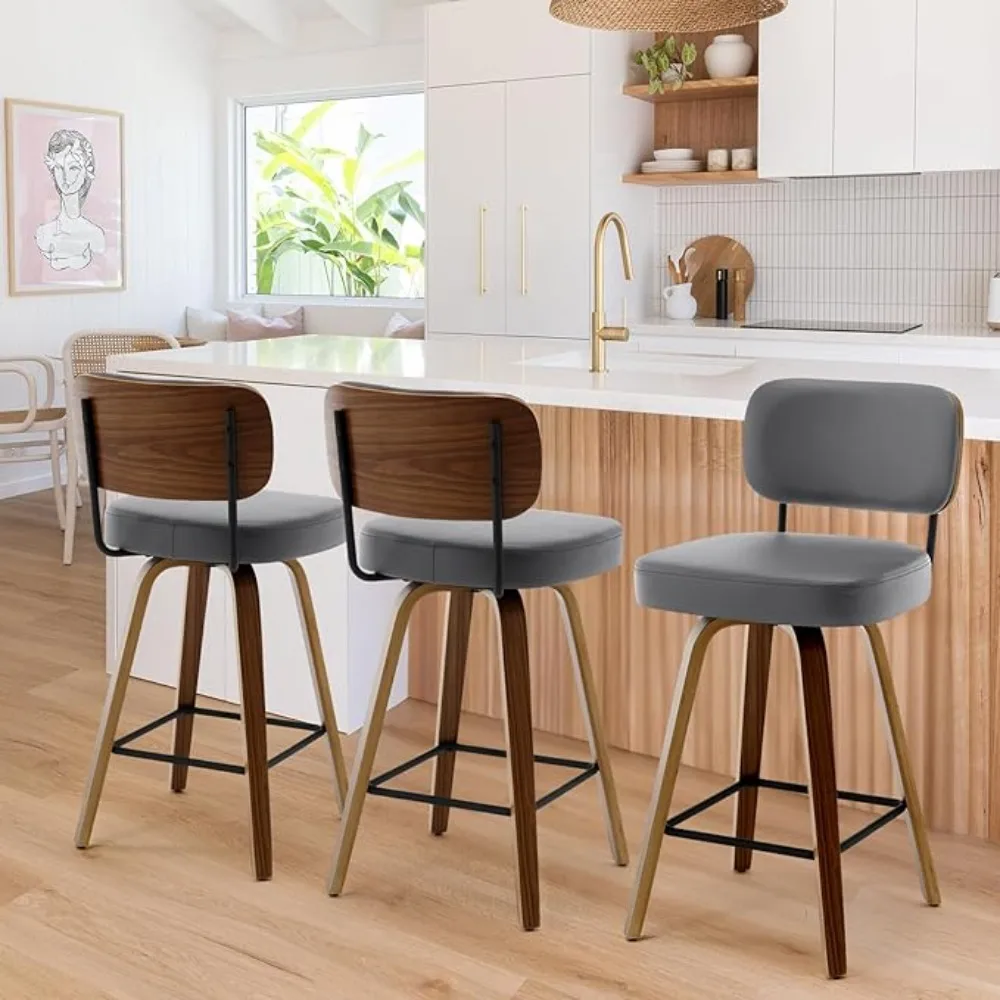 

Swivel Counter Height Bar Stools Set of 3,26" Upholstered Faux Leather with Back,Bar Chair Island Stool for Kitchen Counter,Grey