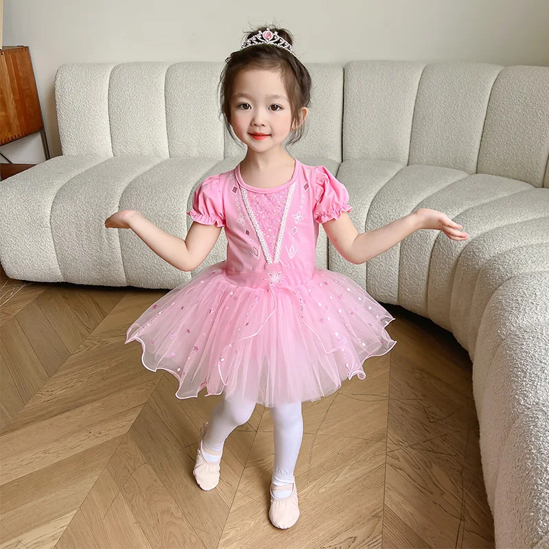 New Summer Kids Girl Ballet Dance  Dress Short Sleeved O-neck Puff Sleeves Mesh Pentagram Children\'s Day Skirt K2304