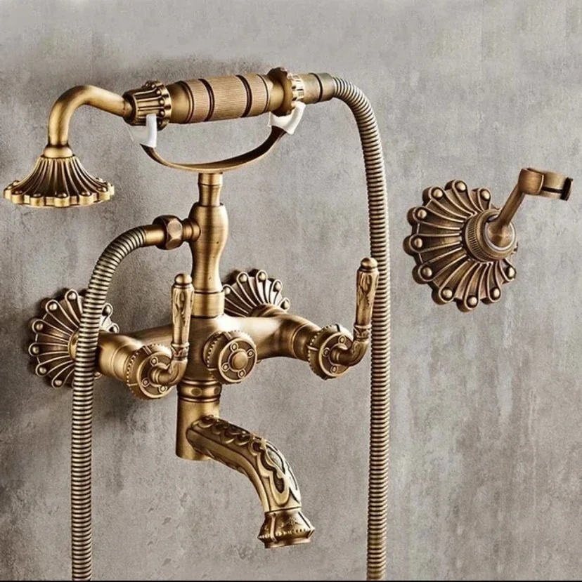 European Style Antique Carved Brass Shower set,Hot&Cold Water Mixer Tap bathtub simple high-end shower,Wall Mounted Bath Shower