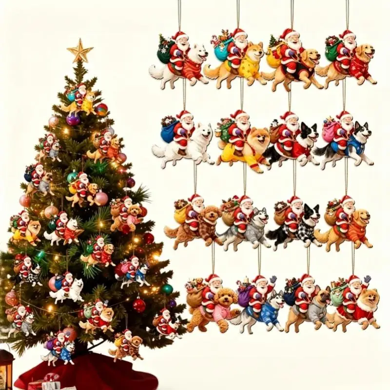 【D】Xmas Tree Wooden Decor Ornaments 16 Pcs 2D Flat Riding Dog Santa Claus Hanging Pendant for Winter Holiday Party Home Decor