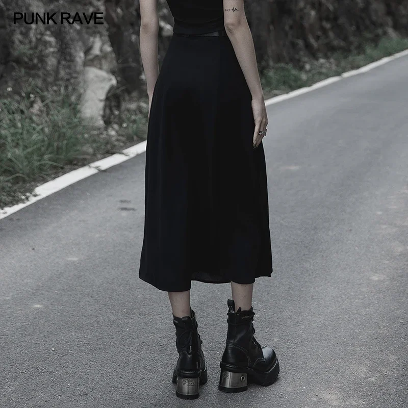 PUNK RAVE Women's Minimalist Thin Two-wear A Pendulum Chiffon Half Skirt Detachable Belt High Waist Long Skirts Women