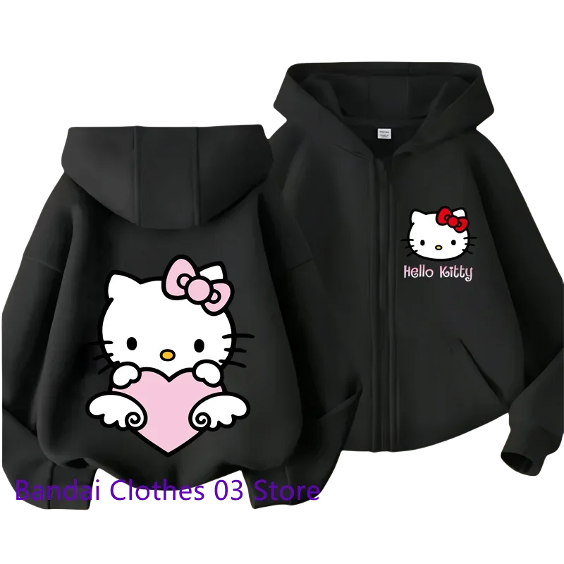 2024 Hello Kitty New Pin Zipper Hoodie Girls Sweatshirt Autumn/Winter Long Sleeve Jacket Harajuku Jumper Pin Casual Hoodie Top