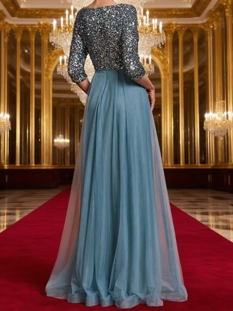 高級フロアレングス V ネックチュールスプライシングイブニングドレス女性エレガントなパーティーマキシスパンコール半袖カクテルドレスカスタマイズ