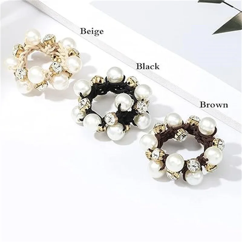 3pcs Paux Pearl Brimmed Hair Tie Glitter Rhinestone Decor Hair Rope Retro Style Scrunchies For Women