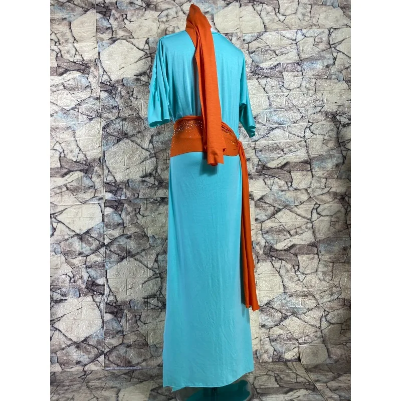 Costumi di danza del ventre personalizzati Colletto in pile blu puro Abito ampio Foulard Cintura Danza orientale Baladi Shabbi Folk Robe Abbigliamento