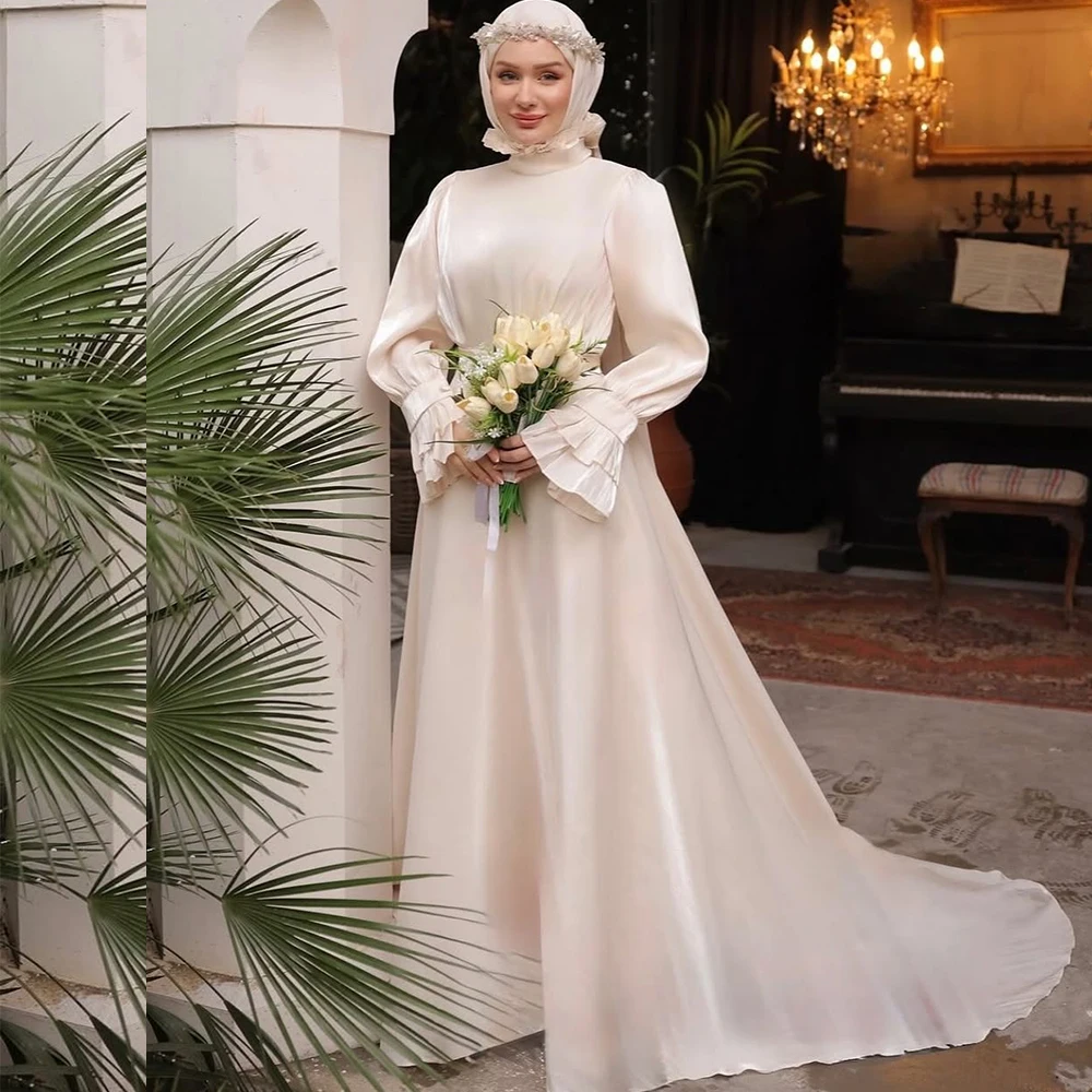 

Modest Wedding Dresses Hijab Women Bride High Collar Long Flare Sleeve Ruff A Line Muslim Bridal Gowns Customized robe de mariée