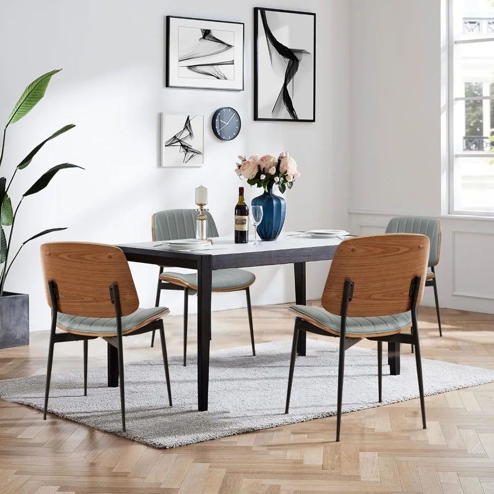 

Dining Chairs Set of 4 Mid Century Modern Retro Faux Leather Chair with Walnut Bentwood Upholstered Seat Metal Legs Chairs