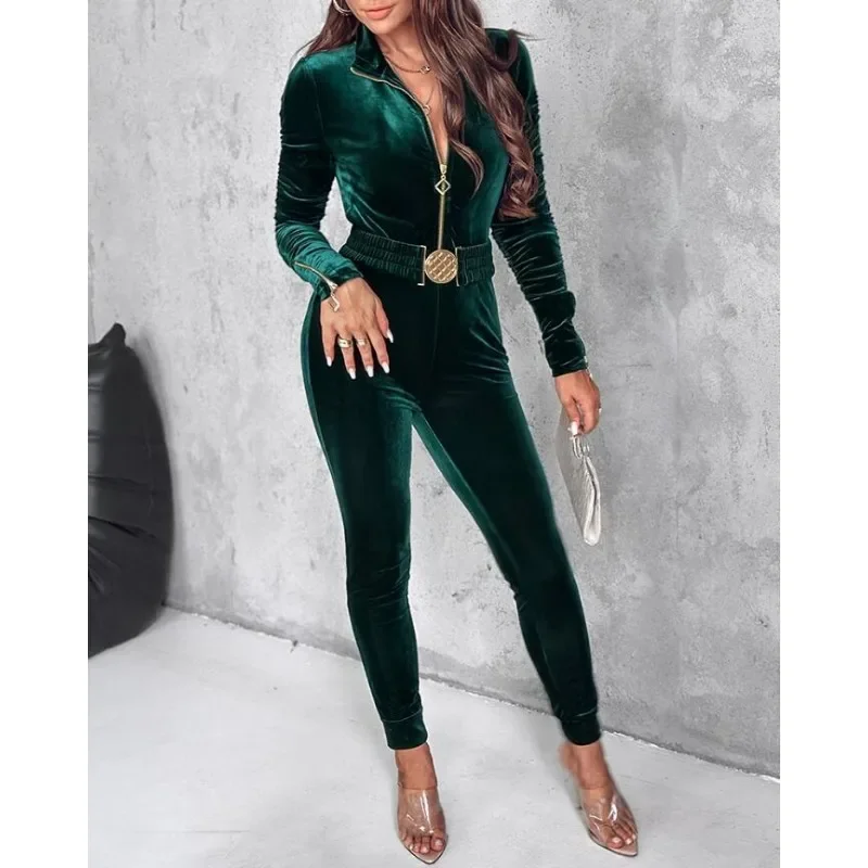 

Mandylandy Sexy Bodycon Jumpsuits Women Velvet Zipper Design Sheath Jumpsuits Ruched Long Sleeve Jumpsuit with Elastic Waistbelt