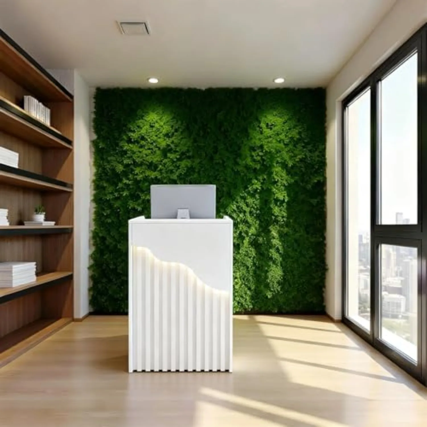Modern Reception Desk with LED Light, Small Front Desk with Lockable Drawer, White Retail Checkout Counter for Clothing