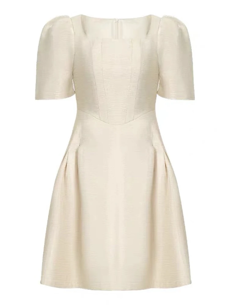 Robe trapèze courte à manches bouffantes pour femmes, vêtements rétro décontractés, robe de soirée mince, robe de Rh, robe éducative, mode d'été élégante, monochromatique, simple, nouveau