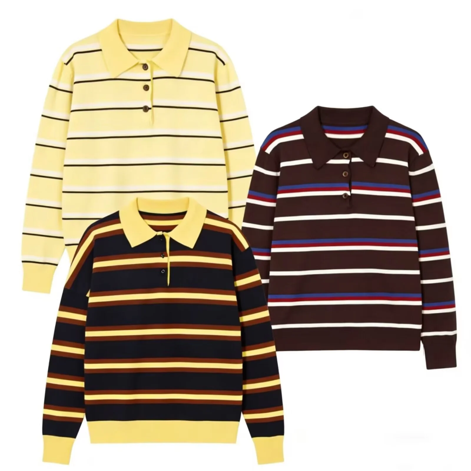 2025 Winter New Women's Casual Fashion Simple College Style Lapel Long Sleeve Striped Polo Collar Knit Sweater