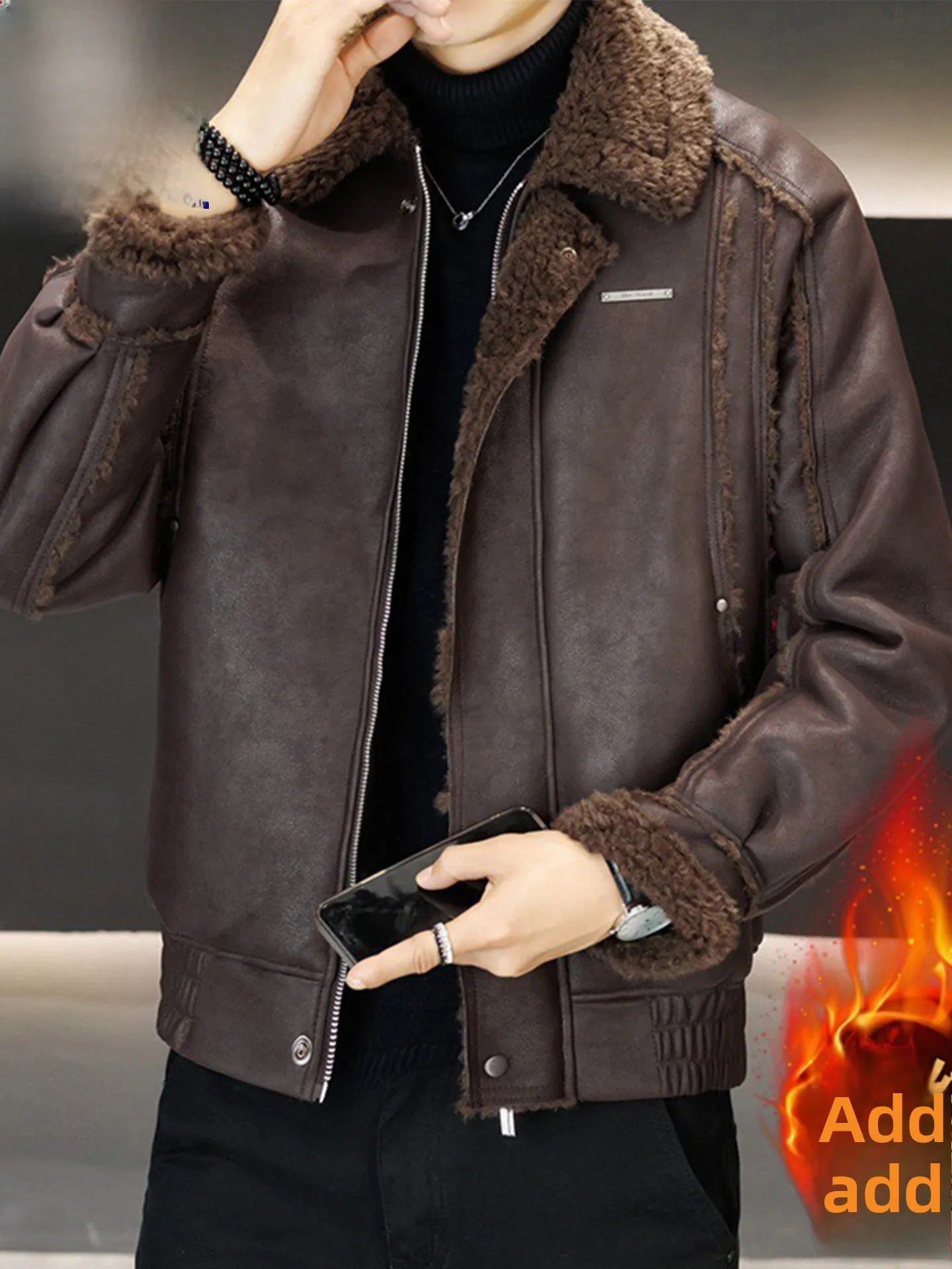 

Thiened Lamb Fur Collar Jaet Men's Casual Warm Winter Coat Stand Fit Fce Lined Iron Free Polyester Fabric Long Sve