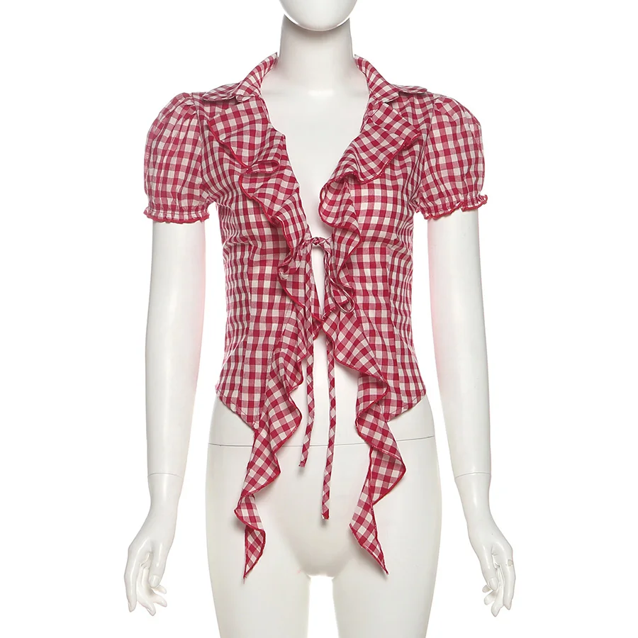 SylCue Red Plaid T-Shirt Women V-Neck Puff sleeves LaceUp Navel Exposed Skinny Ribbons Ruffles Design Y2K Sweet Style Streetwear view 6