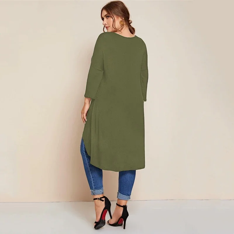 Plus Size Elegant Fashion Tops Women 3/4 Sleeve Solid Army Green Casual Hi Low T-shirt Summer Spring Long Tunics Blouse 5XL 6XL