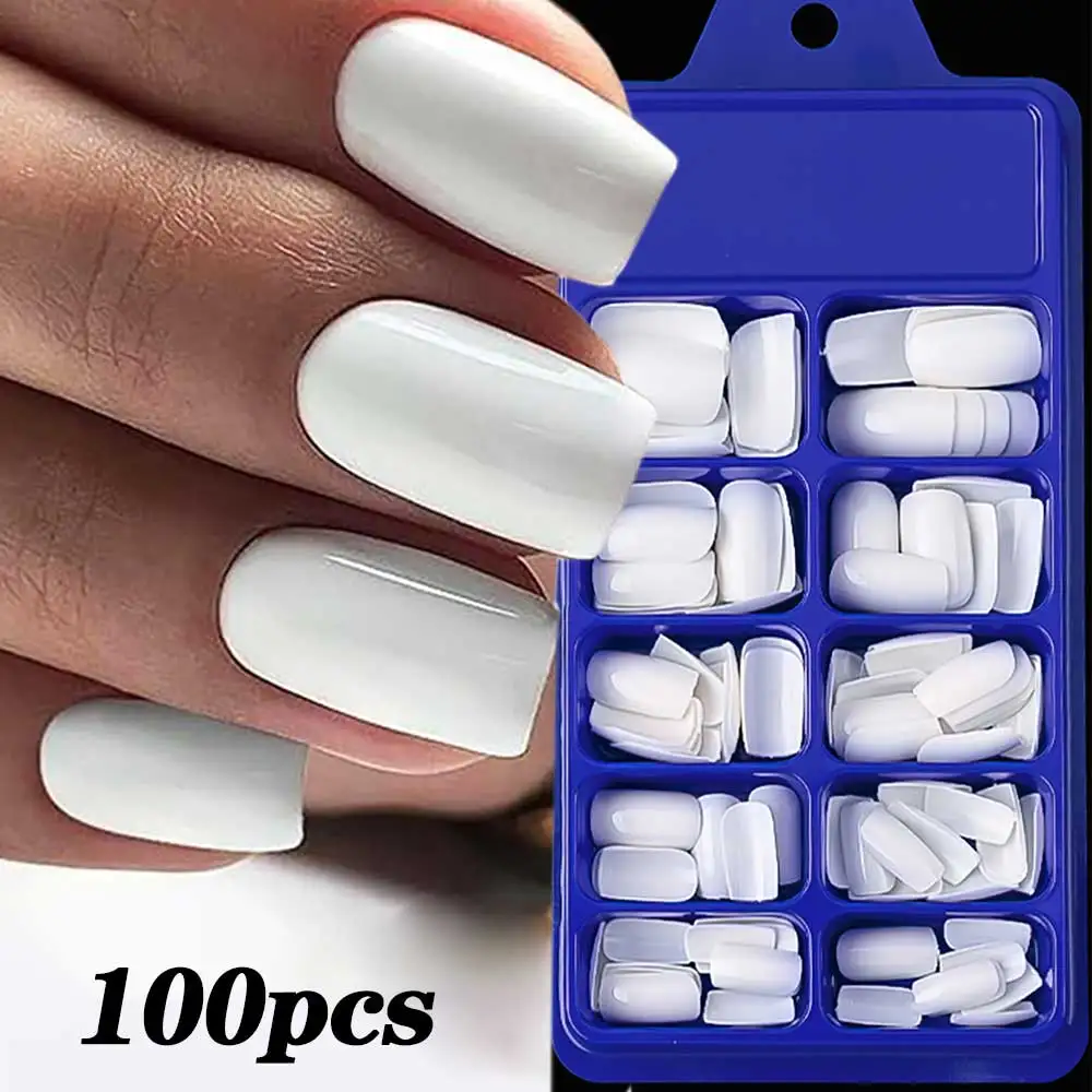 100Pcs Milk White Press On Nails Medium Square Gel False Nails Full Cover Reusable & Natural Acrylic Fake Nails Tips Fingernails