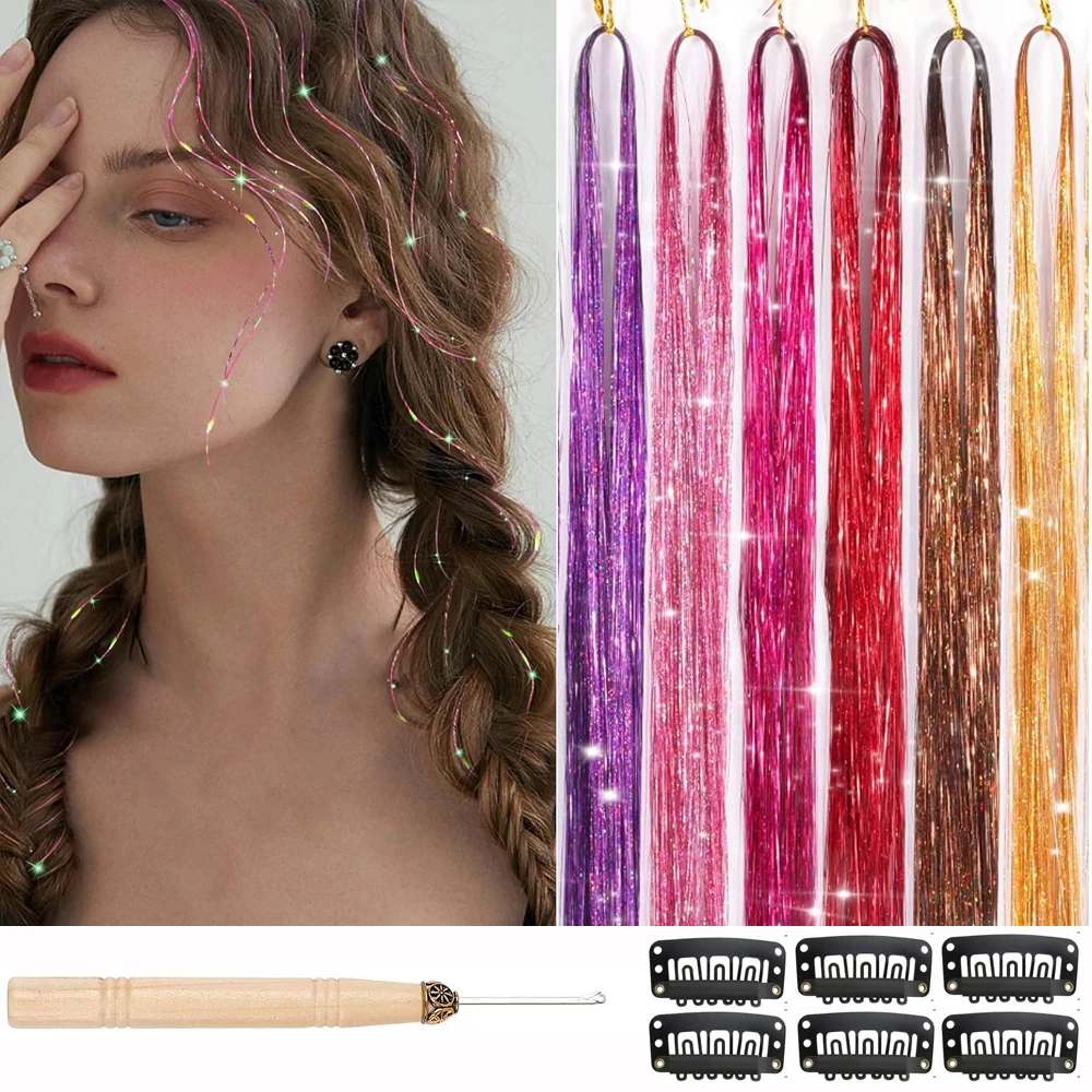 

Fairy Hair extension 6 Colors Tinsel Hair Extension Heat Resistant With Tools(6pcs hair clips ,1pcs crochet hook) 47 Inches