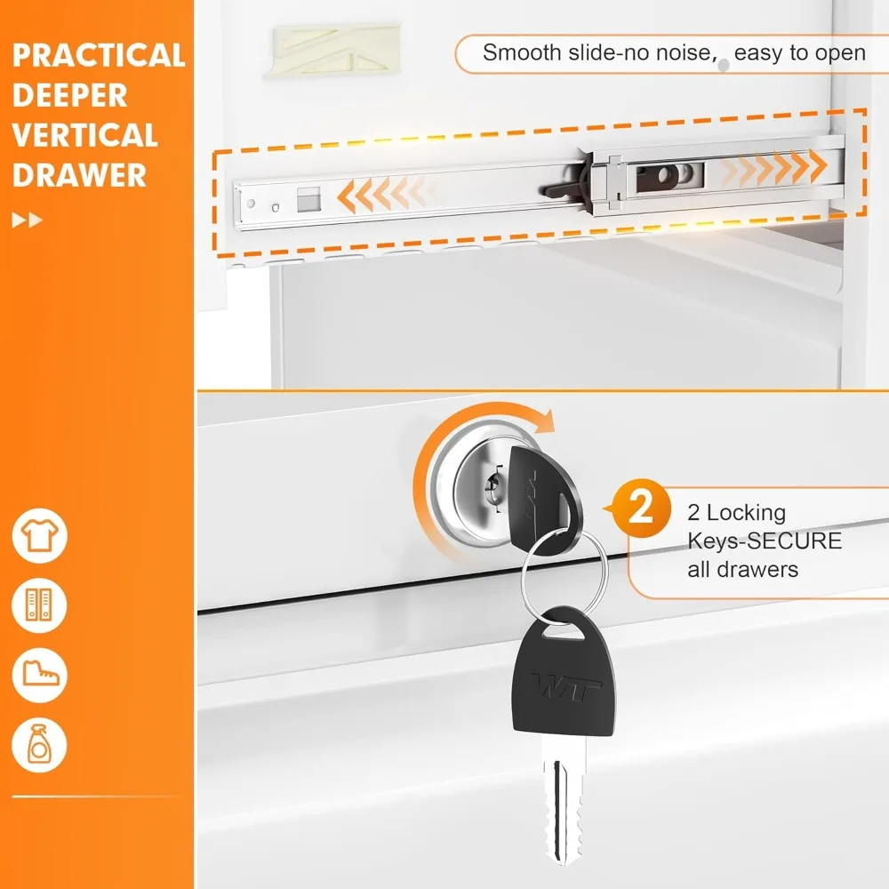 خزانة ملفات مكتبية مع قفل، خزانة ملفات جانبية بيضاء ذات درجين، منظم تخزين واسع من الفولاذ للمستندات المكتبية