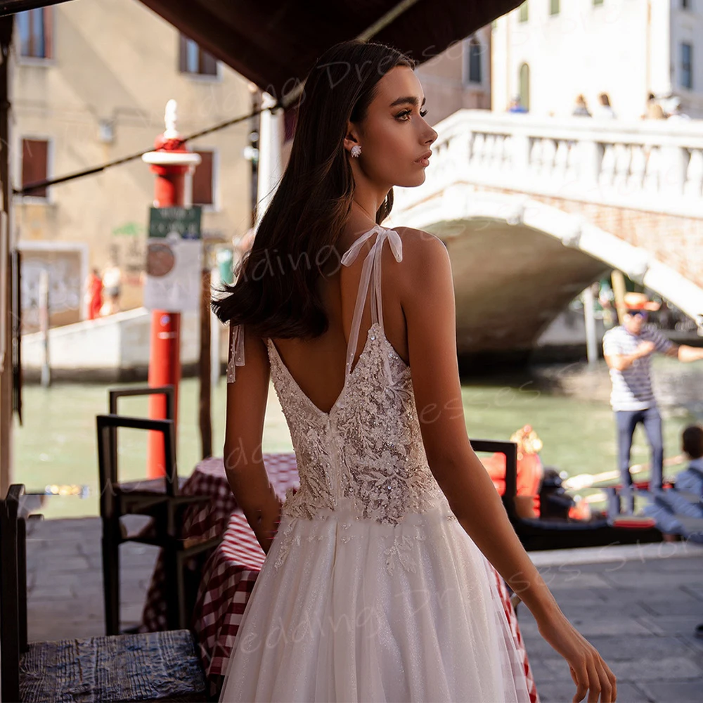 Vestido De novia De corte en A para mujer, traje Sexy bohemio, elegante, con Apliques De encaje, moderno, con tirantes finos, sin mangas