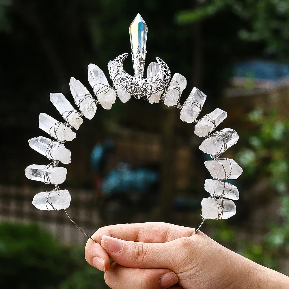 Irregular White Crystal Quartz Drusy Prism Crescent Moon Crown Headbands Wiccan Astrology Witch Cosplay Bride Tiara Hair Jewelry