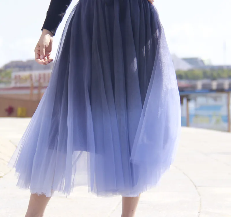 TIYIHAILEY Free Shipping 2022 New Mesh Women Summer Spring Long mid-calf High Quality Waist Ball Gown Skirts Big Hem Gradient