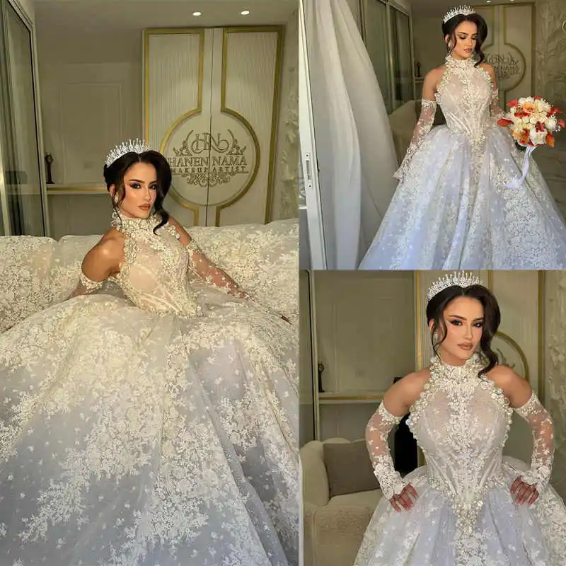 

Gorgeous A Line Women Wedding Dress Halter Neck Removable Sleeves Bridal Gowns Pearls Crystal Lace Sweep Train Dress Custom Made