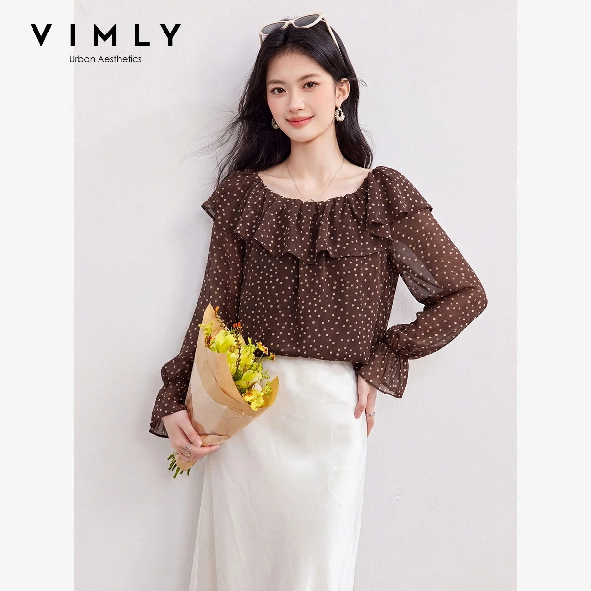 VIMLY French Elegant Ruffled Polka Dot Chiffon Blouse Women Loose-fit Casual Long Sleeve Shirt  Autumn 2026 Elegant Tops 31502
