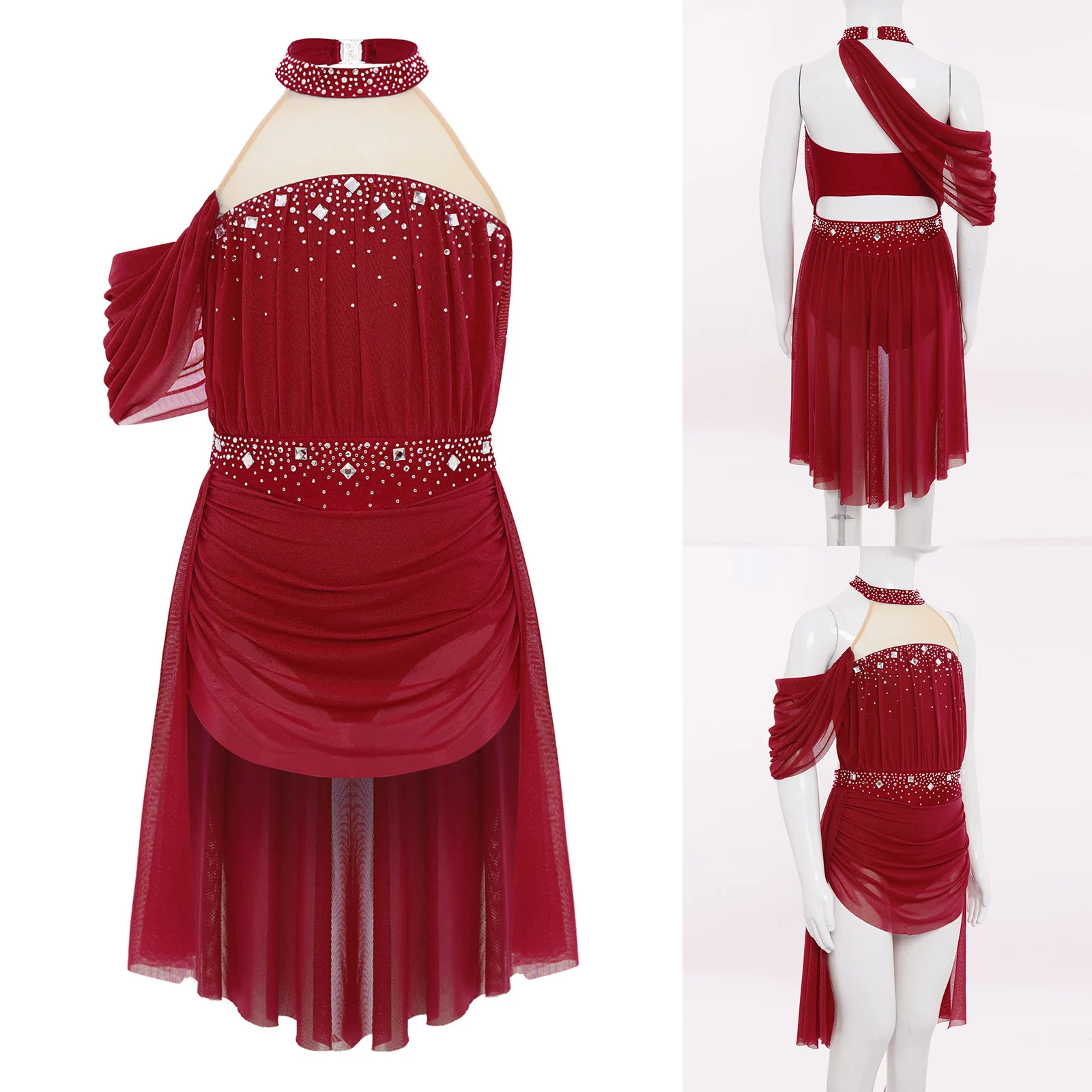 Sukienka baletowa dla dziewczynki, do tańca lirycznego i współczesnego, z odkrytymi plecami, błyszcząca, z dżetami, z siateczki, na łyżwiarstwo, do występów scenicznych.