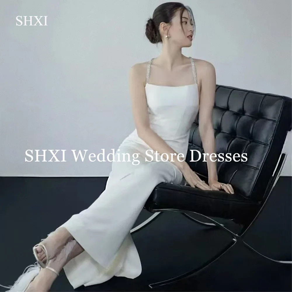 

SHXI Sexy Strapless Korea Wedding Dresses Customized Beading Sapghetti Straps Photos Shoot Dress Backless Mermaid Bridal Gown