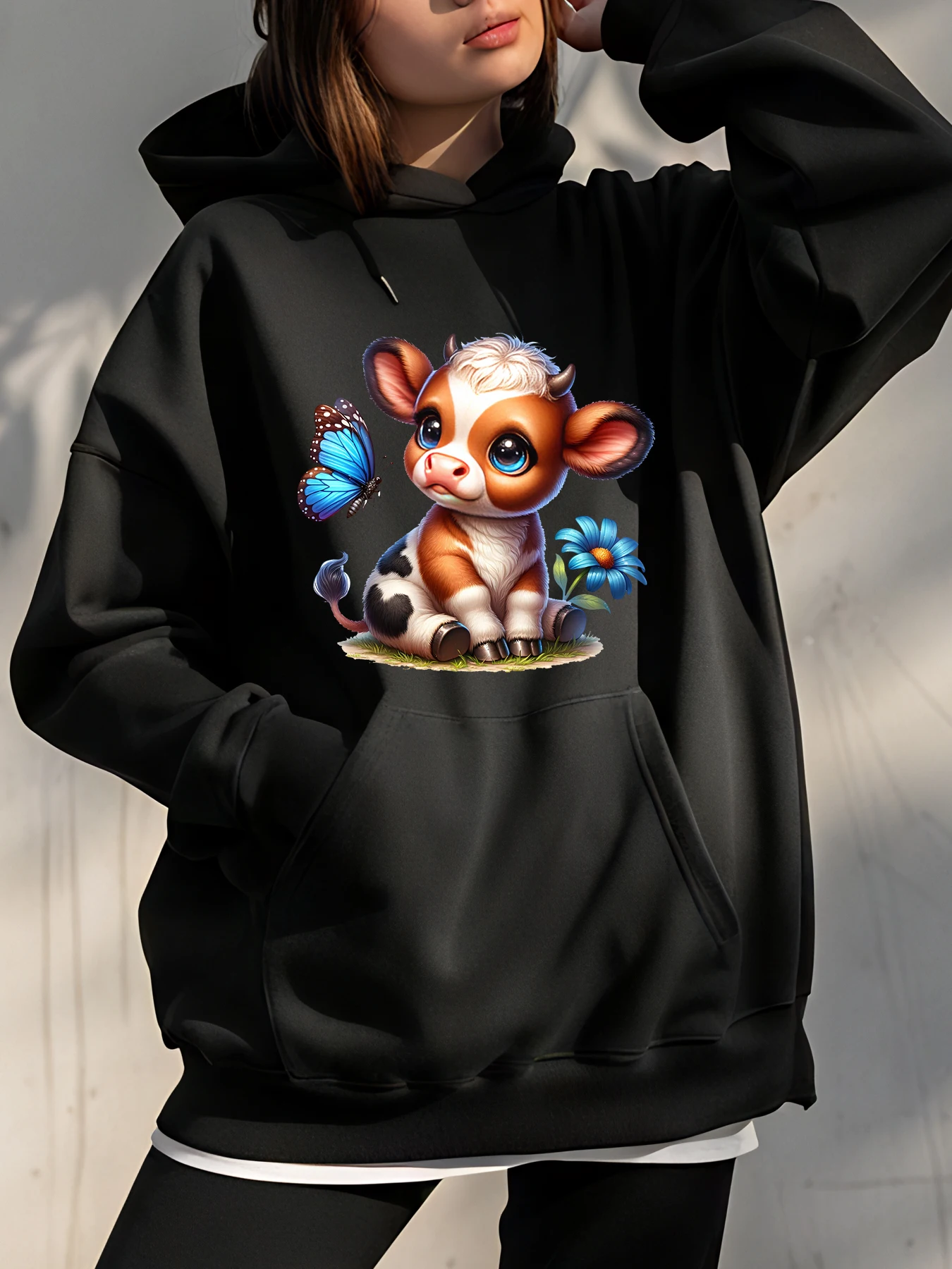 

Милая толстовка с принтом коровы, мультяшный животный дизайн, унисекс, повседневная толстовка для женщин и мужчин, уличная мода