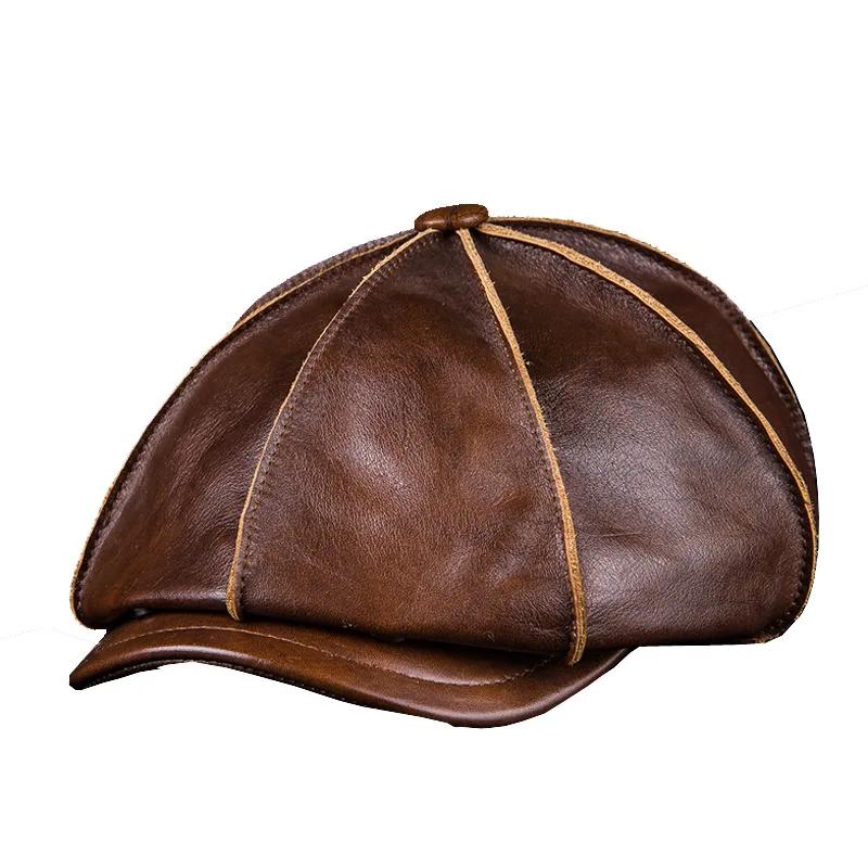 Genuine Top Grain Leather Octagonal Beret Cap For Men Warm Ear Flap Newsboy Hat Outdoor Daily Wear Spring Autumn Winter