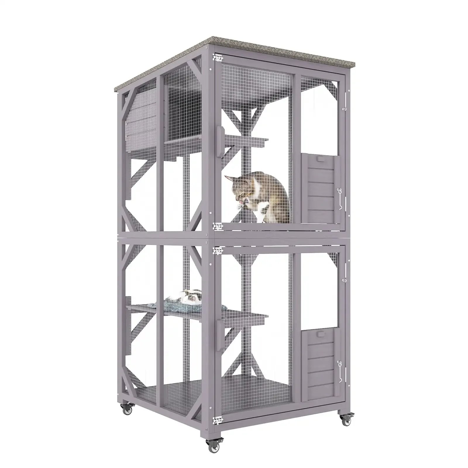 Cat House Outdoor, 3-Tier Large Catio, Cat Enclosure with 360° Rotating Casters, 2 Platforms, A Resting Box and Large Front Door