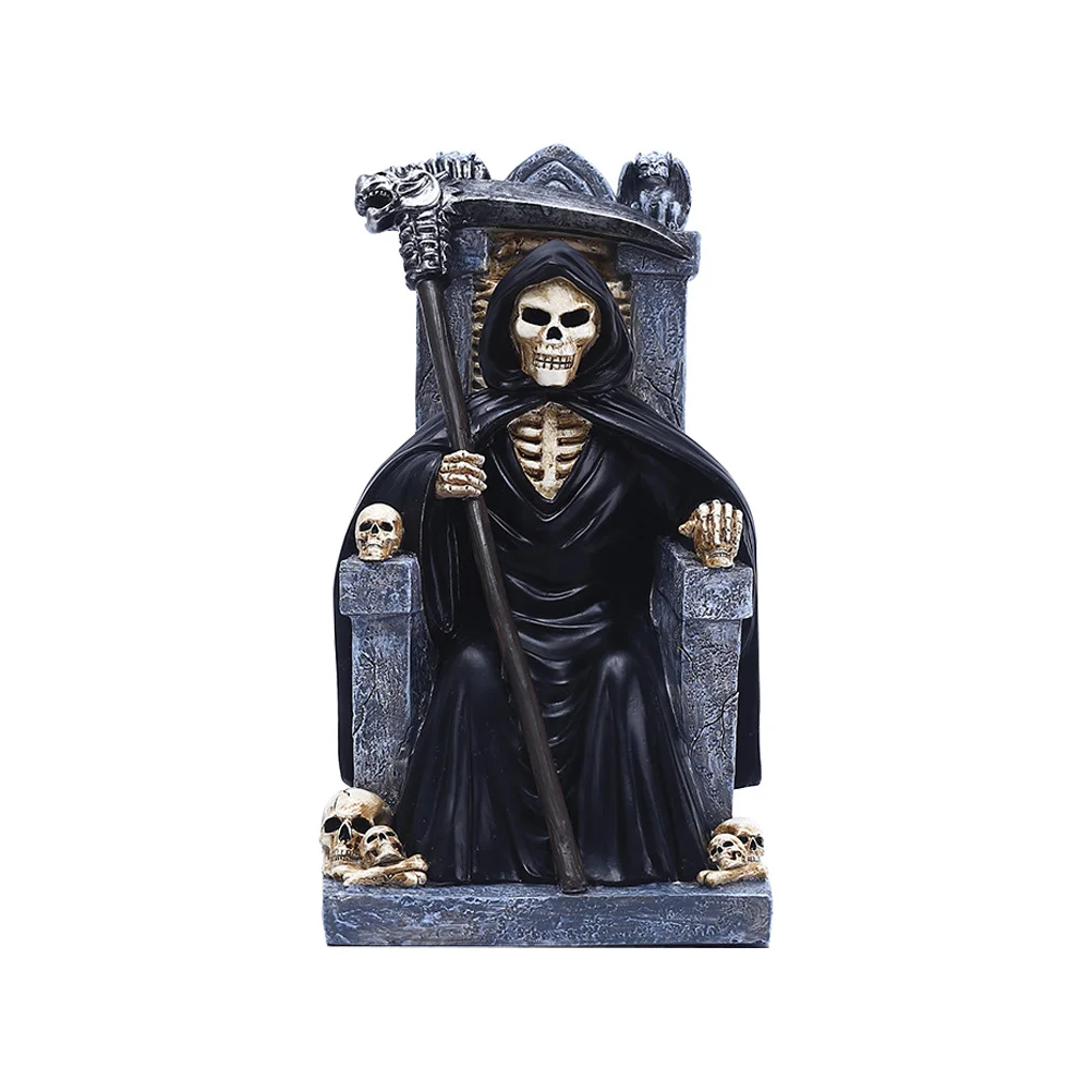 1Pcs Skull Head Throne Resin Decor Halloween Decoration Grim Reaper Sculpture Party Tabletop Ornament Gift Skull Throne Decor