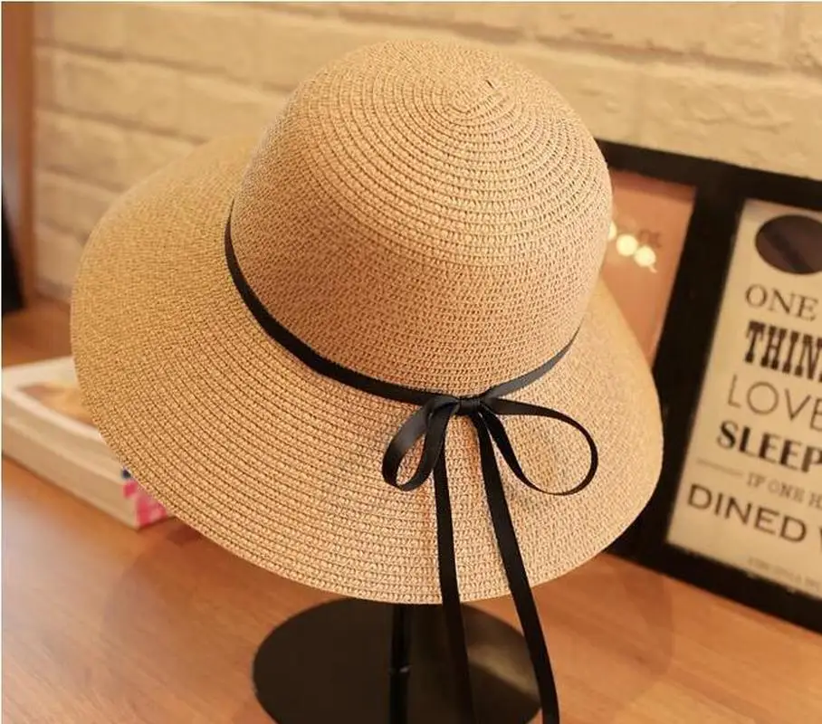 Wide Brim Bowknot Ribbon Straw Sun Hats for Women Girls Summer UV Protection Floppy Foldable Beach Hat Outdoor Travel Panama Cap