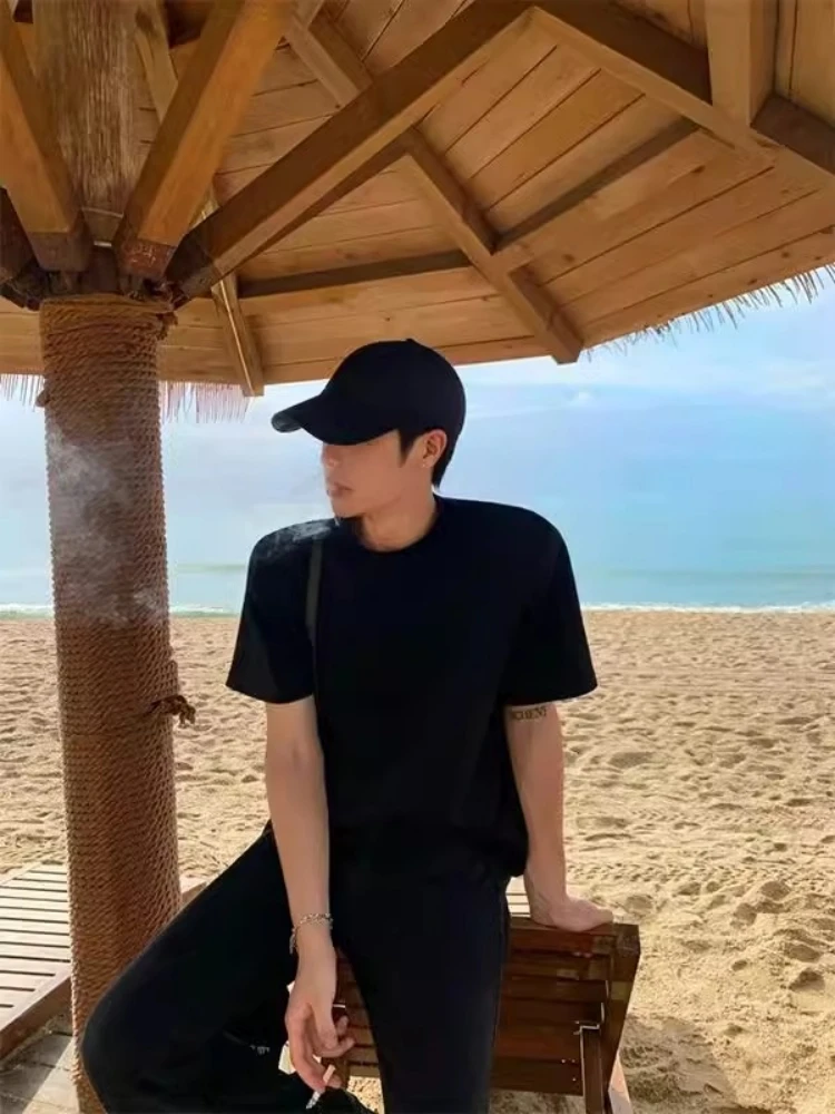 

Cleanfit Bla Heavyweight ort Sve Men's T-irt Summer Design Sensation oulder T-irt High-End Feel f Sve Inne...