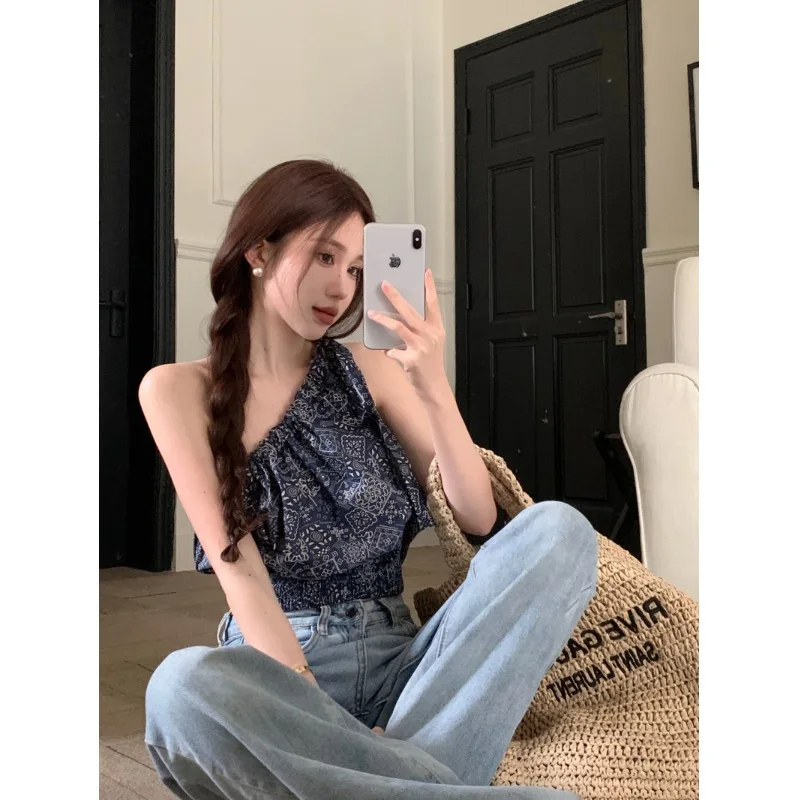 

Printed Oblique Collar Off-shoulder Waist-hugging Vest Women's Retro Temperament Hot Girl Style Design Short Sleeveless Shirt