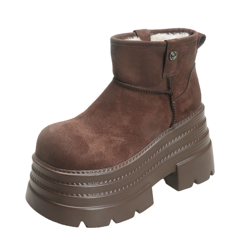 Women Snow Boots Non-slip Winter Warm Plush Short Boots Thick Fur High Platform Ankle Boots 10CM Suede Leather Chunky Sneakers