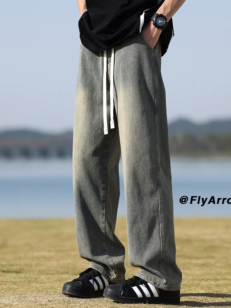 

American Retro Blue Pattern Jeans Men's Summer Thin Loose Pants Trendy High Street Drape Straight Leg Jeans