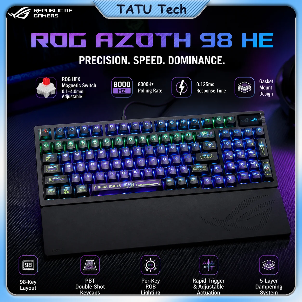 ROG Azoth 98 HE Magnetic Switch Keyboard Custom Unit-01 Keycaps 8K RT Adjustable Tri Mode FPS Gaming Mechanical Keyboard