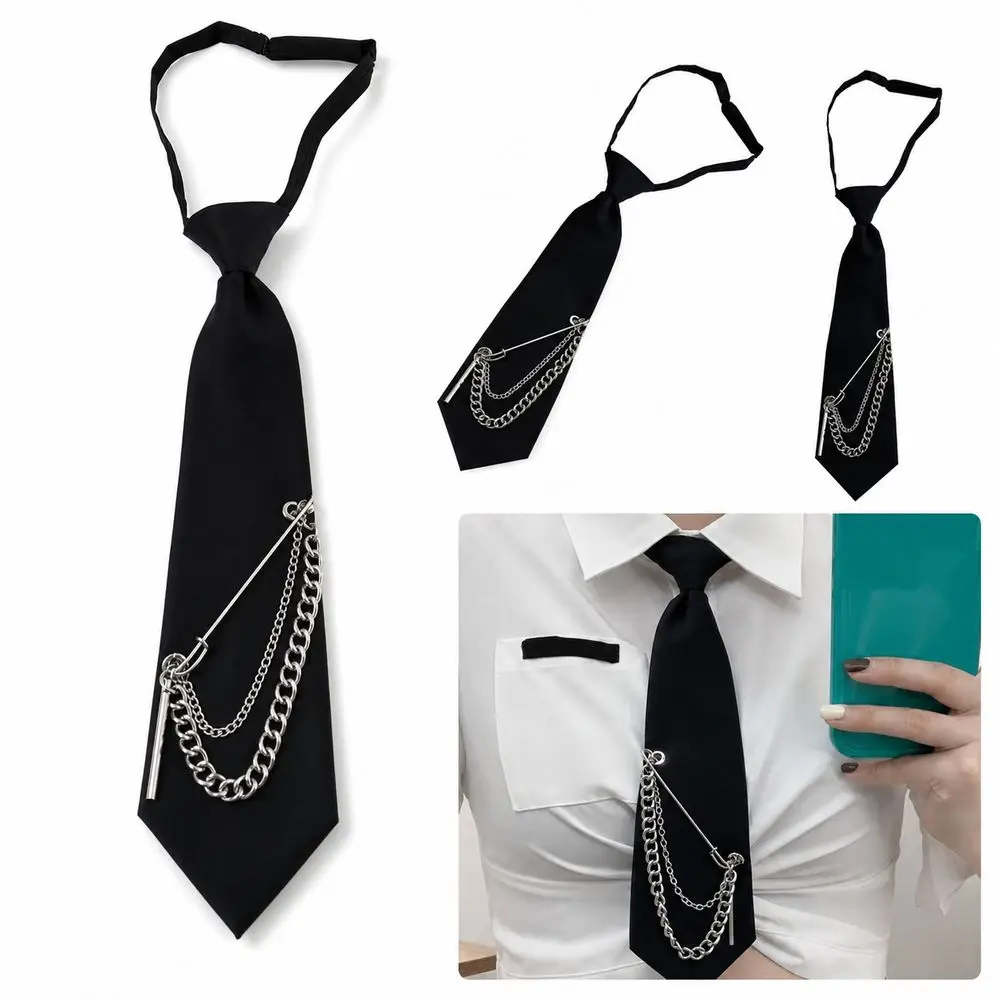 Gifts Black Pre-Tied Necktie Safety Pin Detail Adjustable Neck Strap Uniform Neck Tie Alloy Chain Chain Necktie Women and Men
