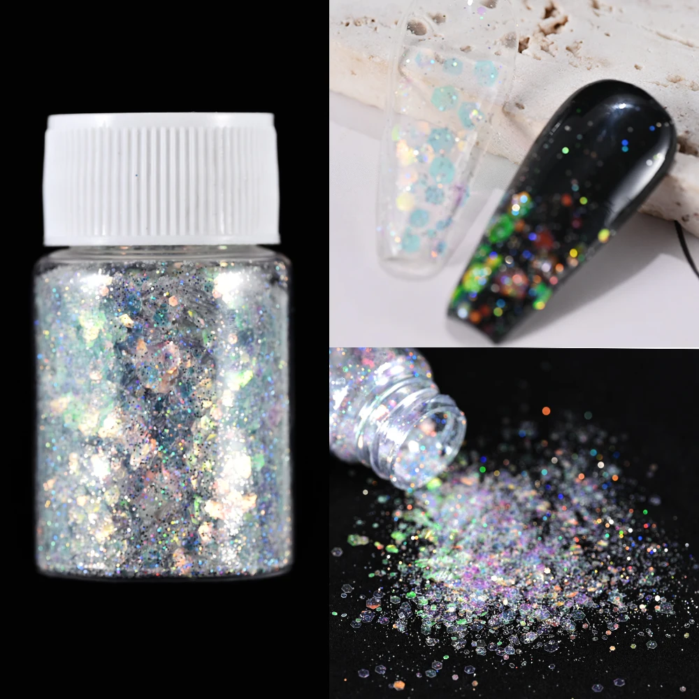 20 Colors Ice-Transaprent Mermaid Nail Glitter Sequins Mixed-size Iridescent Hexagon Nail Flakes Holographic DIY UV Gel Sequins