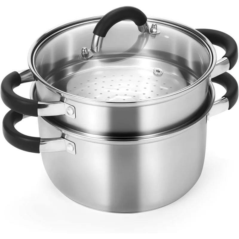 

3.2QT Stainless Steel Steamer Pot with Basket & Lid - 3-Ply Bottom, Silicone Handle for Vegetable, Dumplings, Soup & Stew