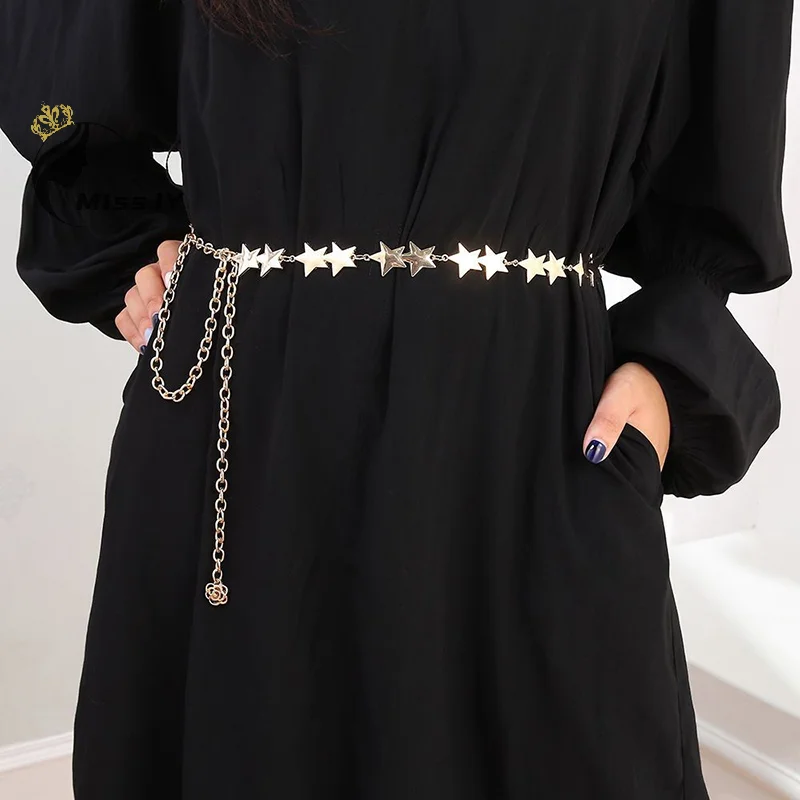 ผู้หญิงวินเทจเข็มขัดเอวหญิงโลหะ Star Pentagram เข็มขัดพู่เข็มขัดเอวผู้หญิงตกแต่งเครื่องประดับ