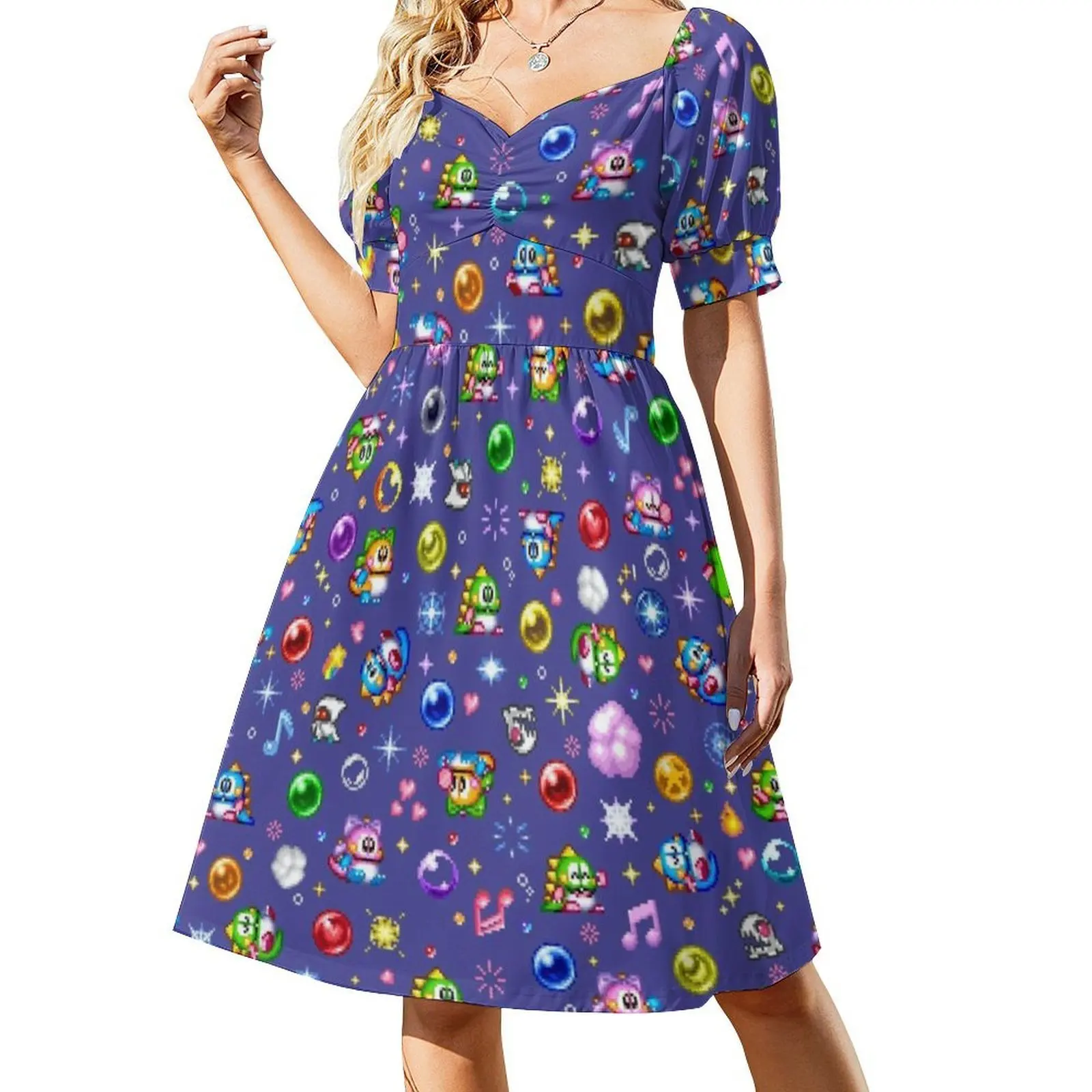 Bubble Bobble-Blue Preppy Style Mini Dress For Women A-Line Loose Fit Casual Day Dress Bubble Bobble Puzzle Bobble Bub Bub