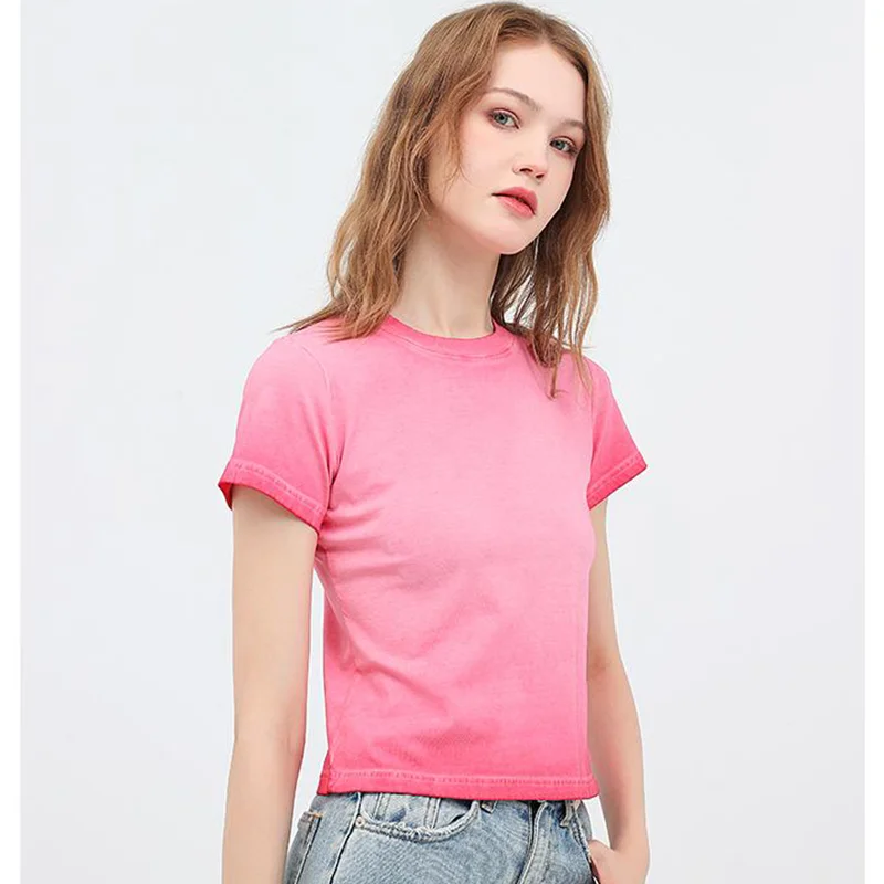 Female 240GSM Gradient Washed Custom LOGO Solid Slim  T-Shirt Soft Cotton Streetwear Casual Short Sleeve Cool Retro For Women image 3