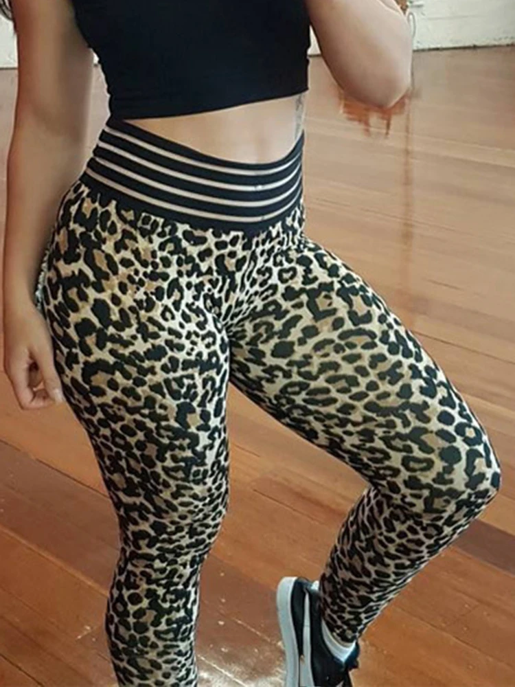 Celana Yoga latihan wanita, Legging olahraga wanita motif macan tutul, celana ketat pinggang tinggi lari