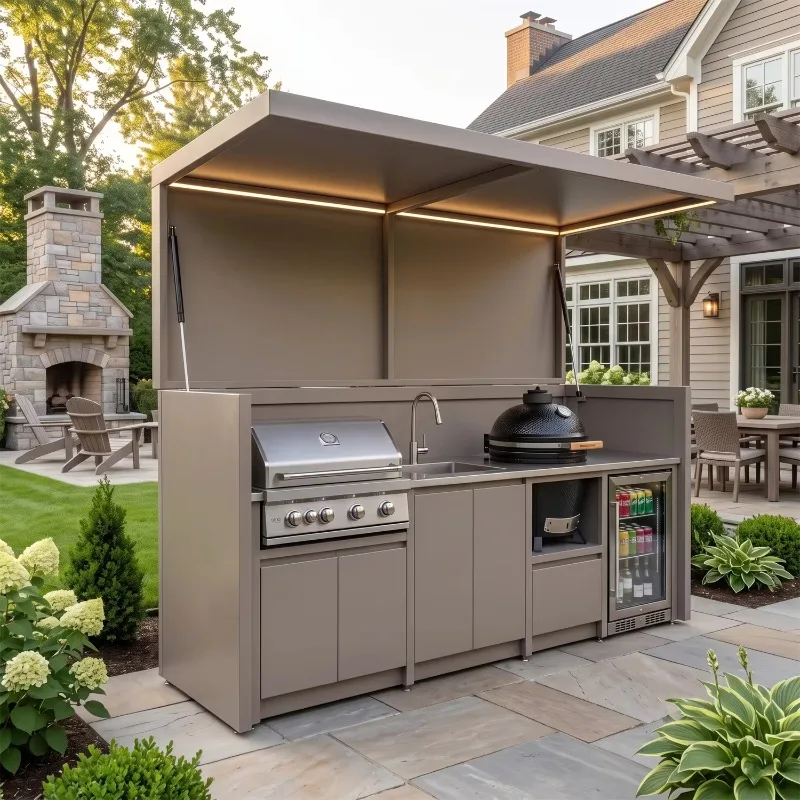 Luxury Metallic Look Patio Outdoor Kitchen Shed, 304 Stainless Steel Double Folding Door BBQ Station With Rust Cover