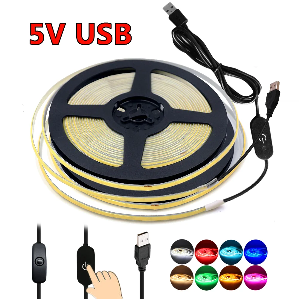 

5V COB LED Strip Light with Switch 320Leds/m Dimmable FOB COB LED Tape Lights RA 90 5mm Width Flexible Ribbon Diode USB Powered