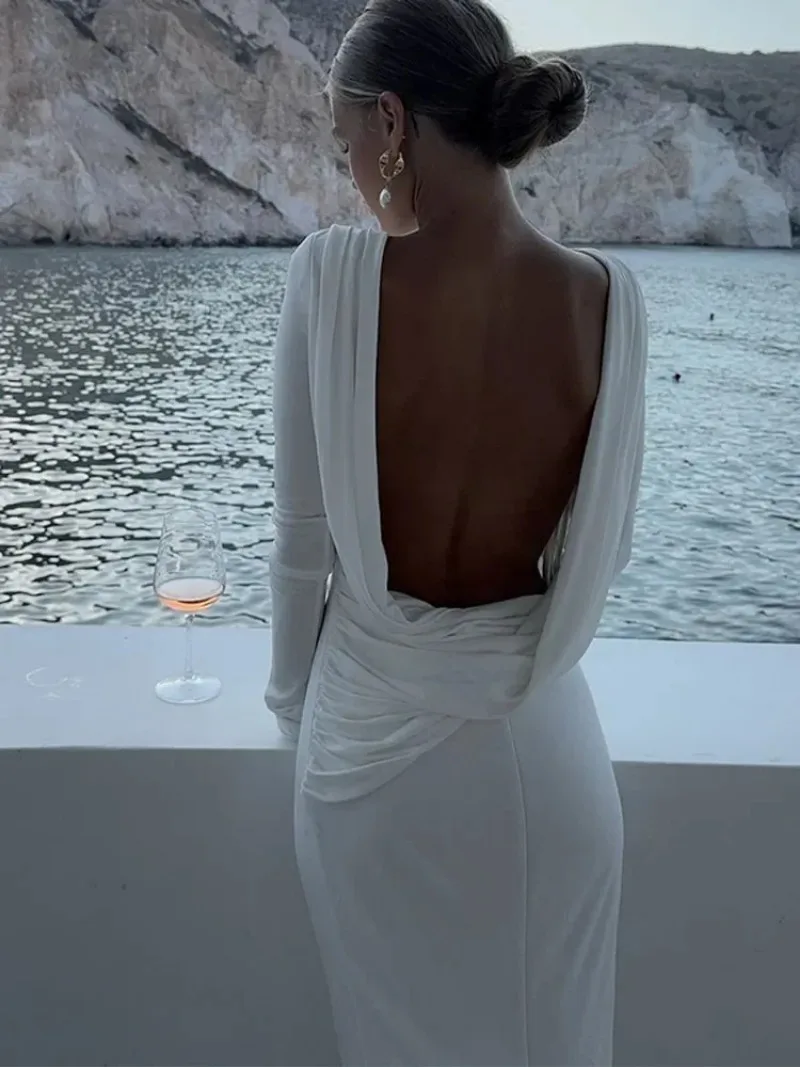 

Chic Backless White Long Sleeved Slim Fit Dress for Women Pleated Elegant Round Neck Long Dresses 2025 New Female Evening Gowns
