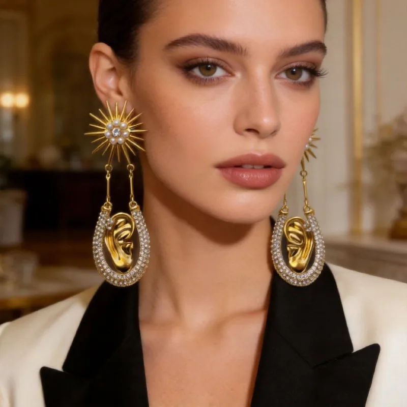 Retro Sun Star Flash Retro Facial Art Luxury Earrings,Designer Stylish Ear Shape Earrings Party High-end Long Earrings Women