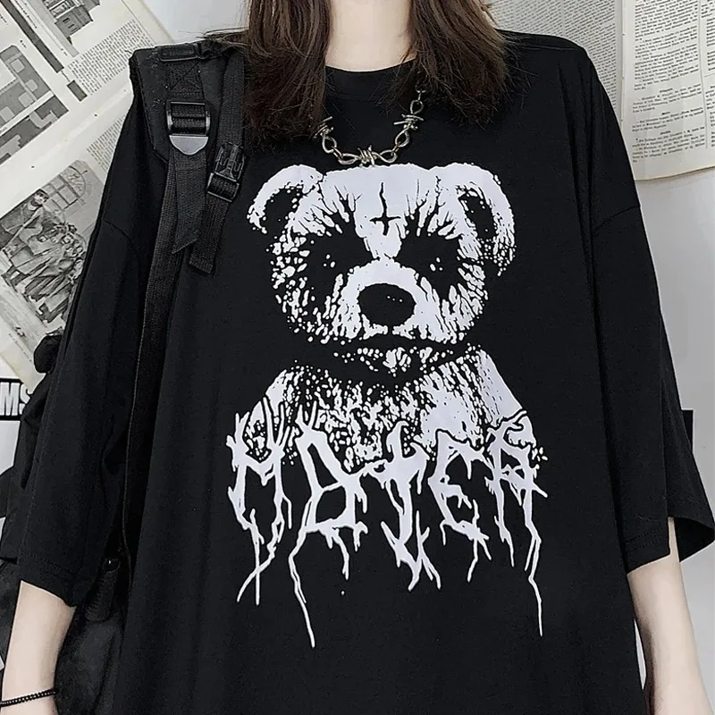 Black Demon Punk Gothic Anime Print T-shirt Harajuku Y2K Tops Tshirt Summer Oversized T Shirt Retro Men Women Clothes Streetwear